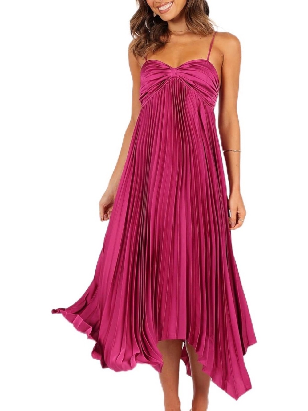 Petal & Pup Fuchsia Pleated Midi Dress with Spaghetti Straps